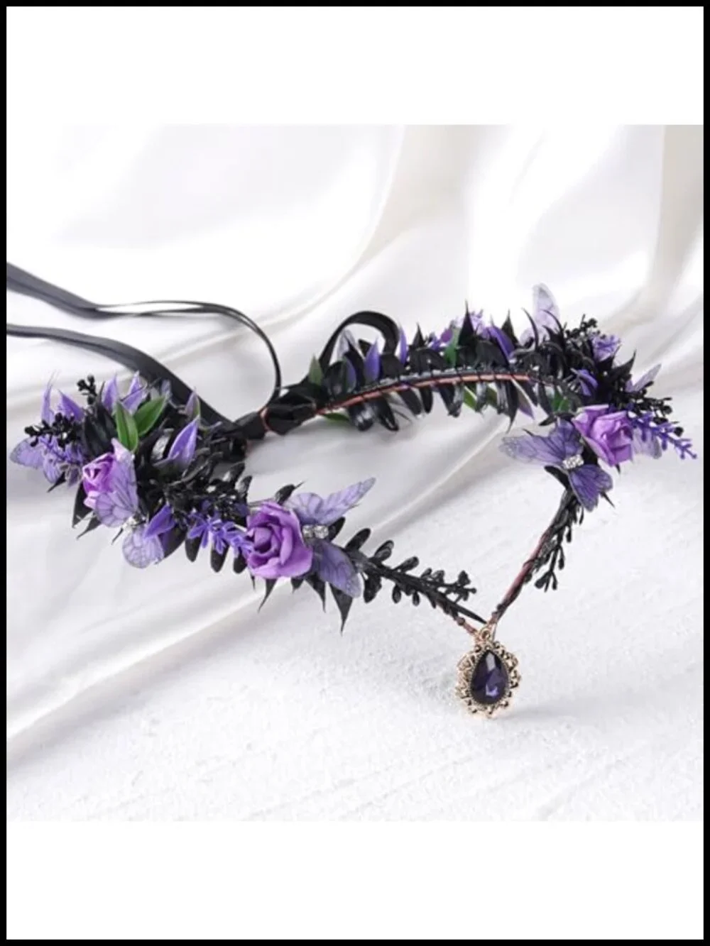 Gothic Butterfly Fairy Crown, Black Flower Elf Headpiece, Adjustable